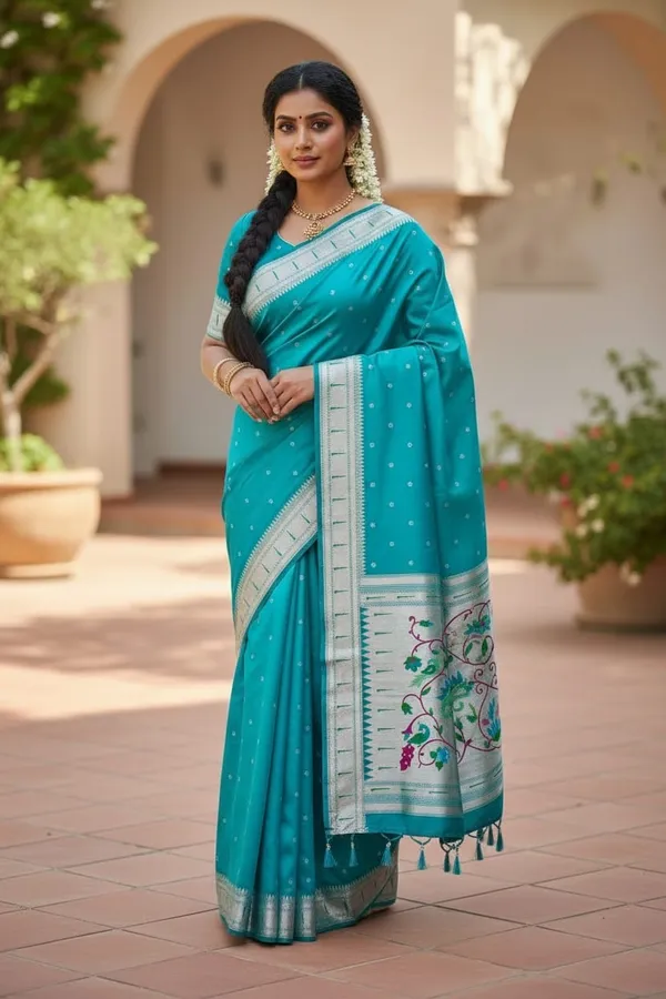 Aqua_Blue_Pure_Banarasi_Soft_Silk_Maharashtra_Special_Paithani_Saree_With_Blouse