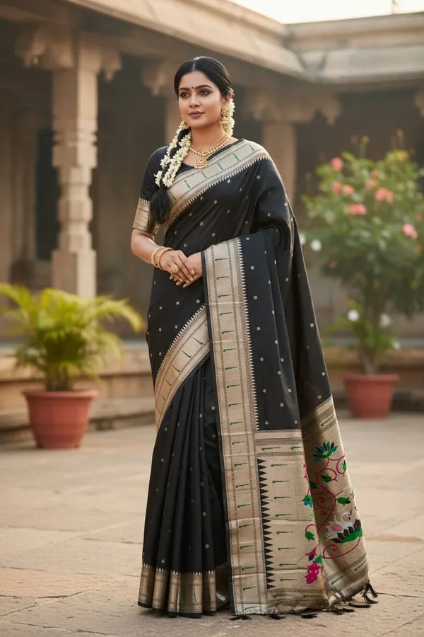 Rani_Pink_And_Black_Pure_Banarasi_Soft_Silk_Maharashtra_Special_Paithani_Saree_With_Blouse_Combo_Set_Pack_Of_2