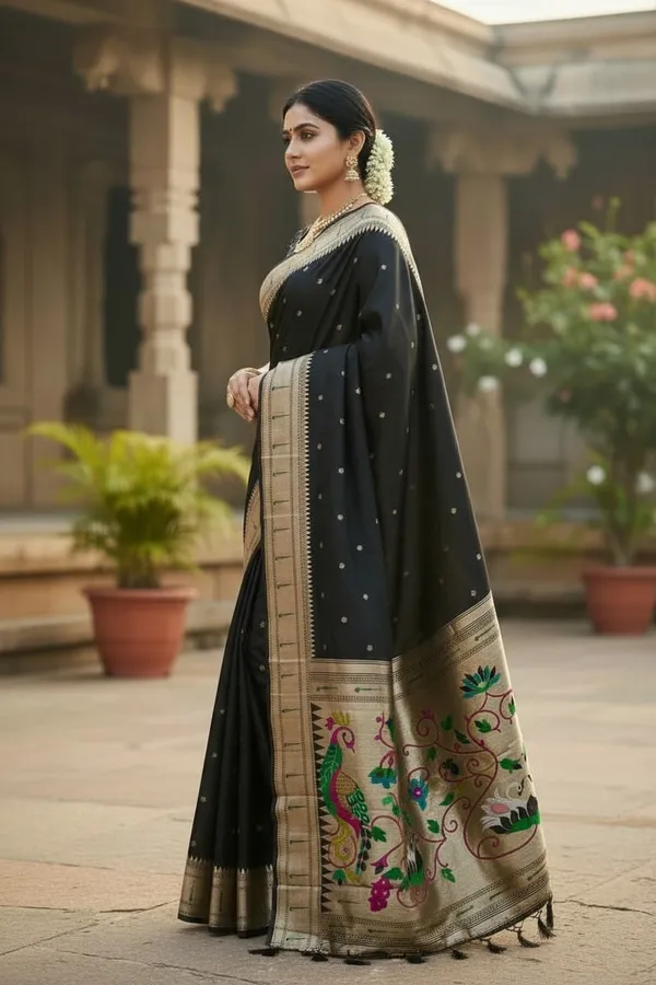 Black_Pure_Banarasi_Soft_Silk_Maharashtra_Special_Paithani_Saree_With_Blouse