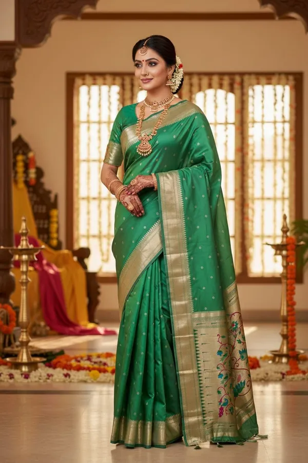 Green_Pure_Banarasi_Soft_Silk_Maharashtra_Special_Paithani_Saree_With_Blouse