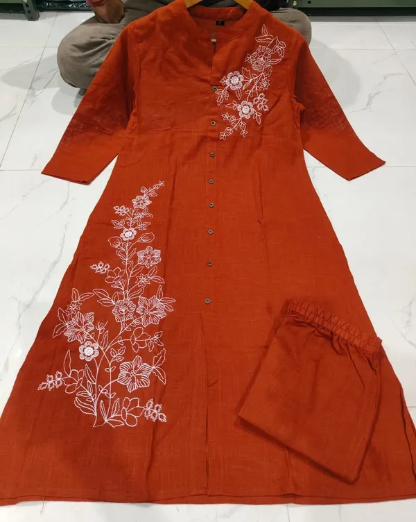 Rust_Cotton_Kurta_with_Pant_For_Women