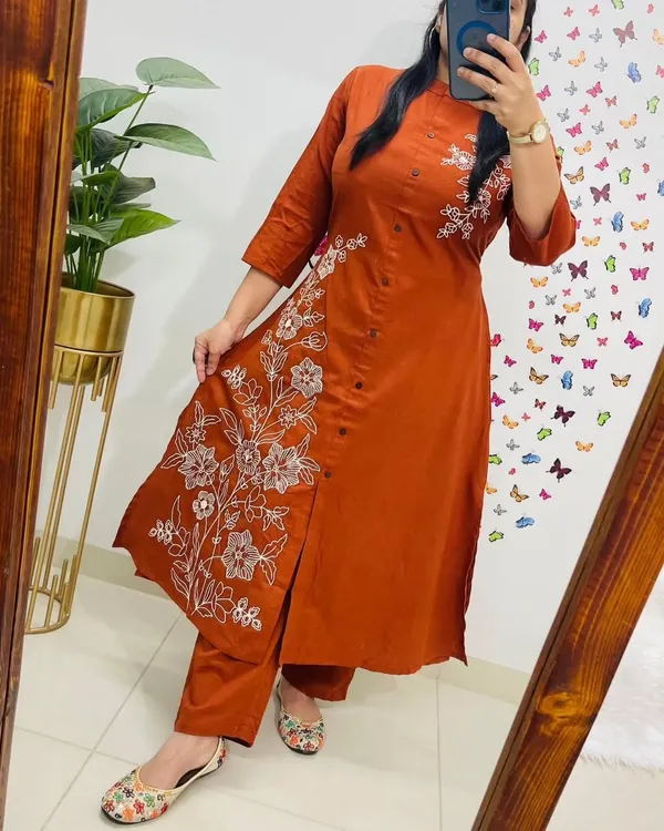 Rust_Cotton_Kurta_with_Pant_For_Women