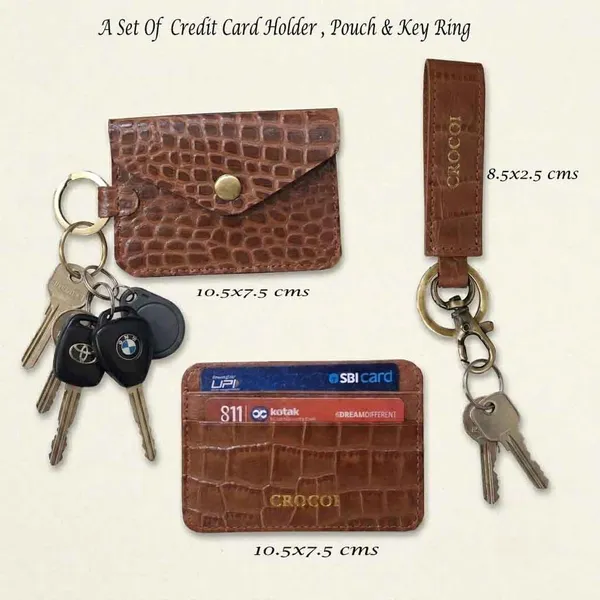 A_Croco_Leather_Set_Of_Credit_Card_Holder_,Pouch_&_Key_Ring