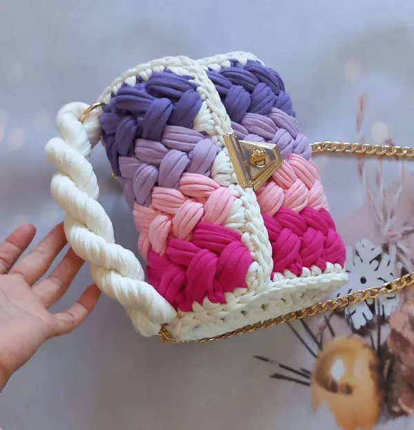 White_And_Pink_And_Purple_Crochetb_Bag_White_For_Women