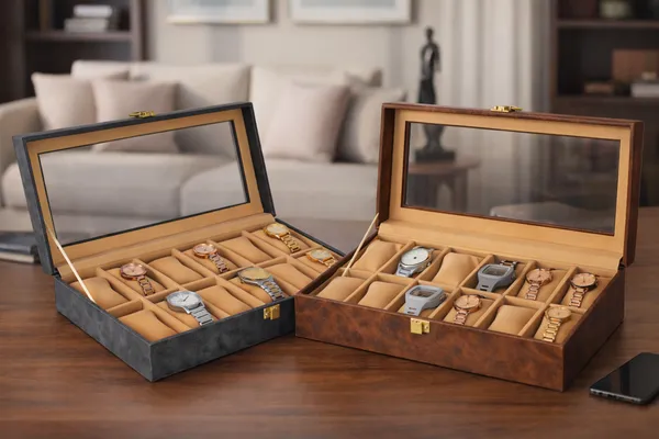 Dark_Grey_And_Dark_Brown_Premium_Pu_Leather_Wood_Watch_Box_Organizer_For_Unisex_(Pack_Of_2)
