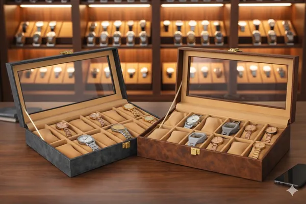 Dark_Grey_And_Dark_Brown_Premium_Pu_Leather_Wood_Watch_Box_Organizer_For_Unisex_(Pack_Of_2)