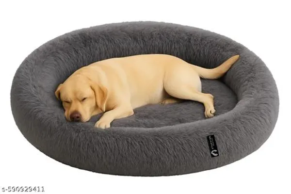 Stuffiva_Oval_Shaped_Faux_Fur_Pet_Bed_For_Dogs_Kittens_With_Reversible_Cushion_Washable_Cozy_And_Comfortable_Extra_Large_Grey