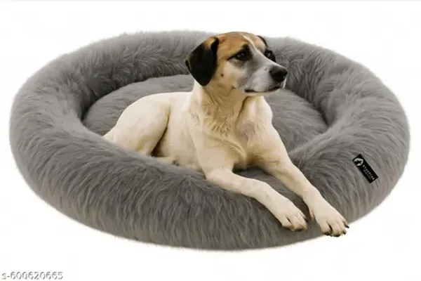 Stuffiva_Oval_Shaped_Faux_Fur_Pet_Bed_For_Dogs_Kittens_With_Reversible_Cushion_Washable_Cozy_And_Comfortable_Large_Grey