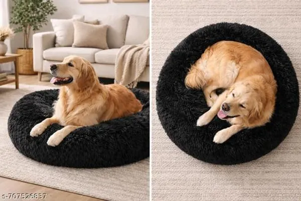 Donut_Shape_Pet_Bed_For_Dog_Soft_Fur_Washable_Black_Extra_Large