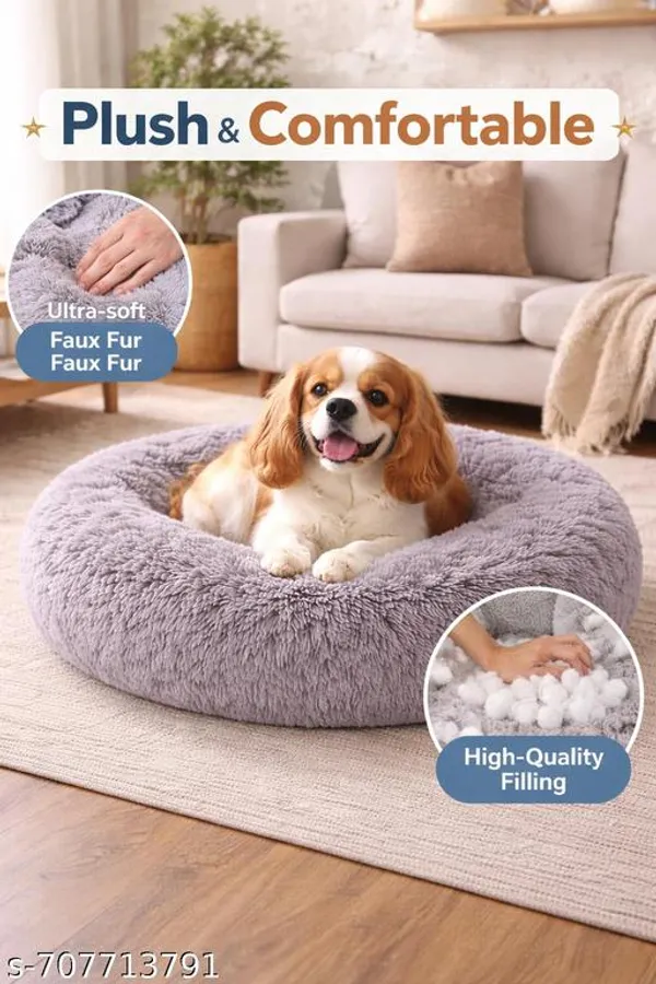 Donut_Shape_Pet_Bed_For_Dogs_Cat_Soft_Fur_Washable_Grey_Large