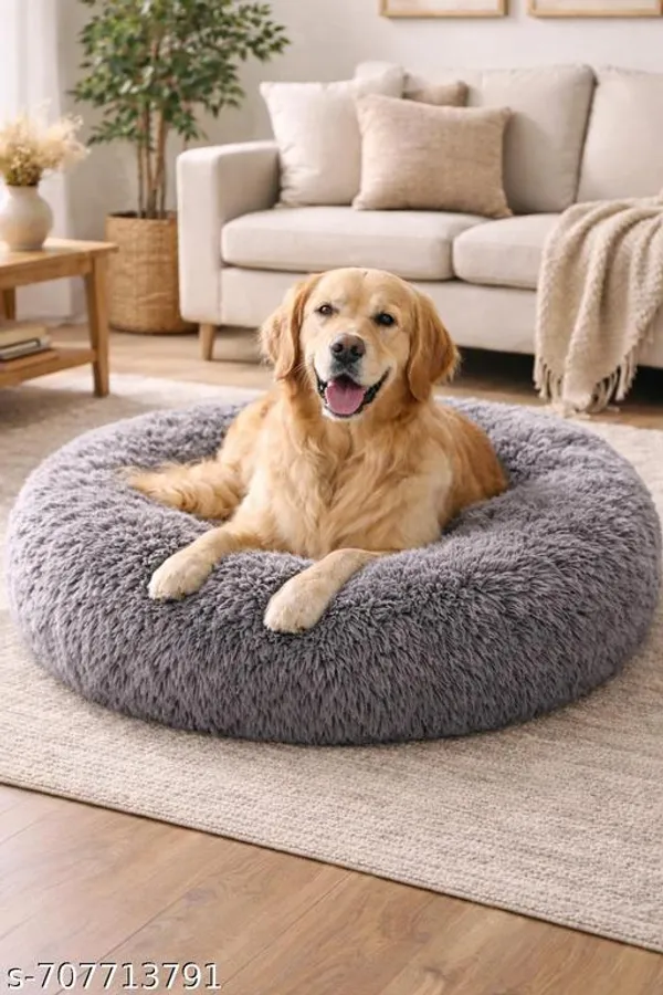 Donut_Shape_Pet_Bed_For_Dogs_Cat_Soft_Fur_Washable_Grey_Large