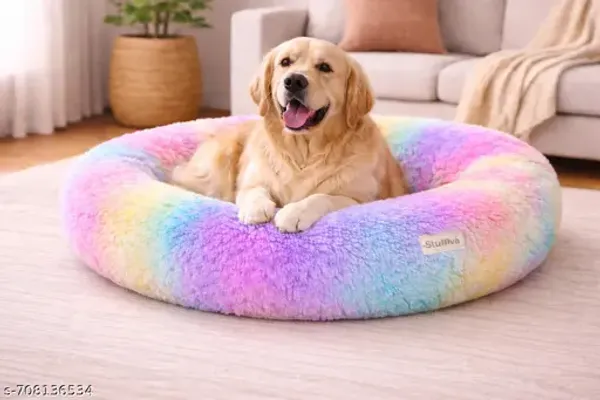 Donut_Shape_Pet_Bed_For_Dog_Cat_Soft_Fur_Washable_Rainbow_Large