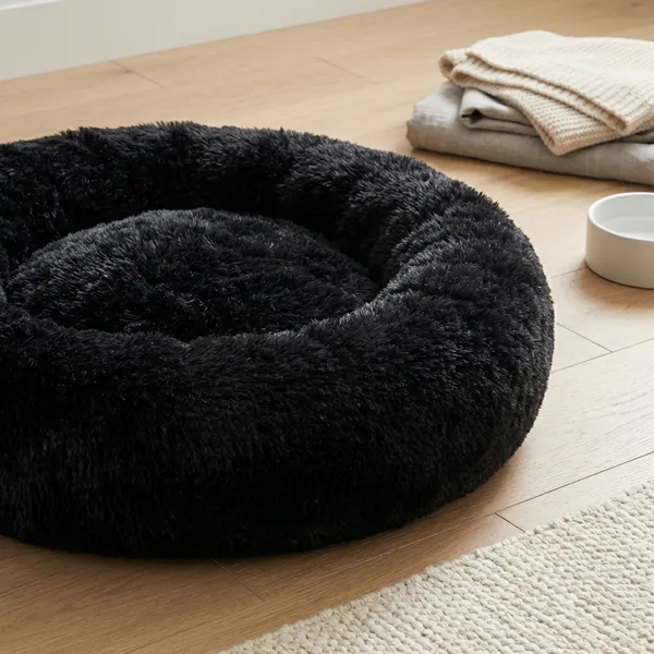 Donut_Shape_Pet_Bed_For_Dog_Soft_Fur_Washable_Black_Extra_Large