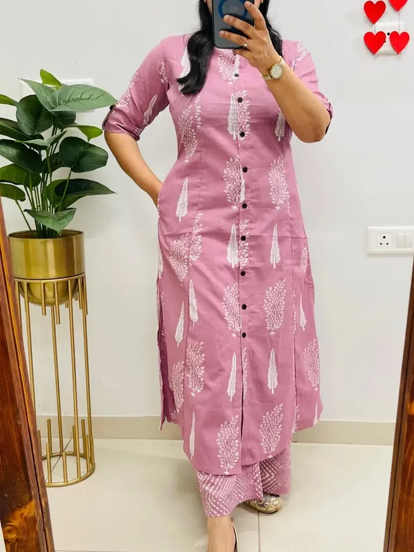 Premium_Mint_Pink_Printed_Button-Down_Kurta_Pant_Set_for_Women