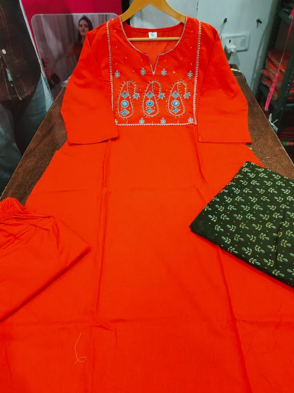 Rust_Orange_Embroidered_Kurta_Set_With_Olive_Green_Printed_Dupatta_For_Women