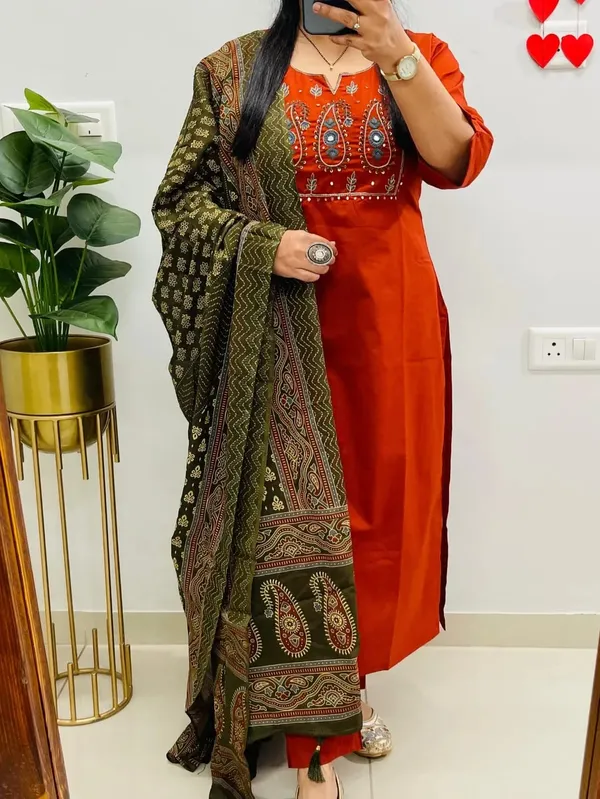 Rust_Orange_Embroidered_Kurta_Set_With_Olive_Green_Printed_Dupatta_For_Women