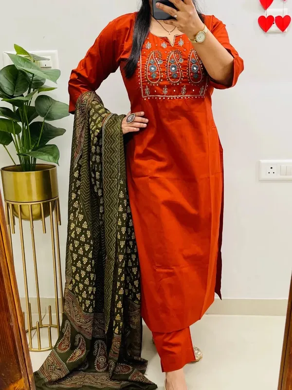 Rust_Orange_Embroidered_Kurta_Set_With_Olive_Green_Printed_Dupatta_For_Women