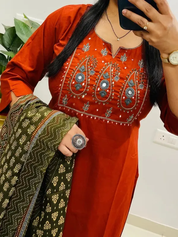 Rust_Orange_Embroidered_Kurta_Set_With_Olive_Green_Printed_Dupatta_For_Women