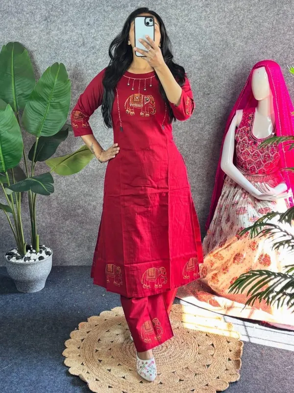 Premium_Red_Elephant_Motif_Printed_Kurta_Pant_Set_for_Women