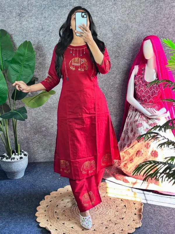 Premium_Red_Elephant_Motif_Printed_Kurta_Pant_Set_for_Women