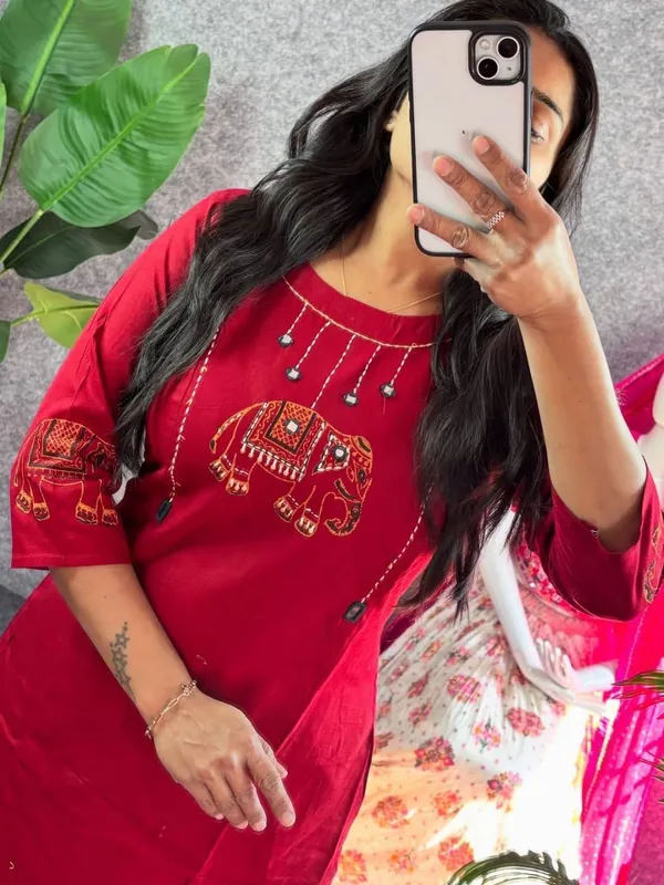 Premium_Red_Elephant_Motif_Printed_Kurta_Pant_Set_for_Women