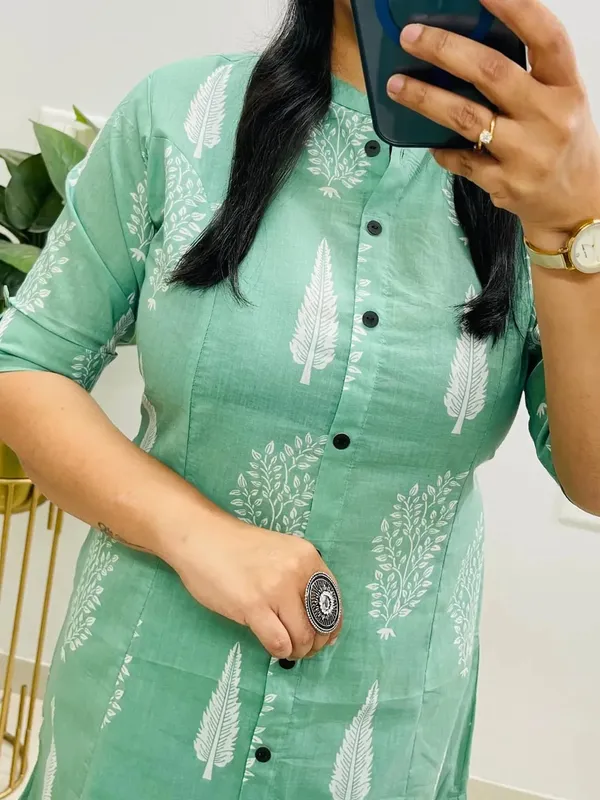 Premium_Mint_Green_Printed_Button-Down_Kurta_Pant_Set_for_Women