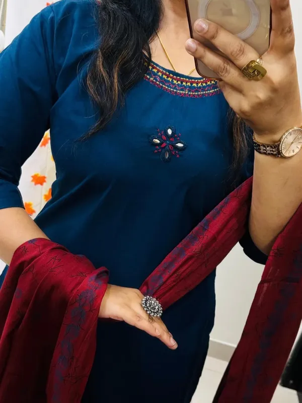 Premium_Bottle_Blue_Straight_Kurta_Pant_Set_with_Maroon_Dupatta_for_Women