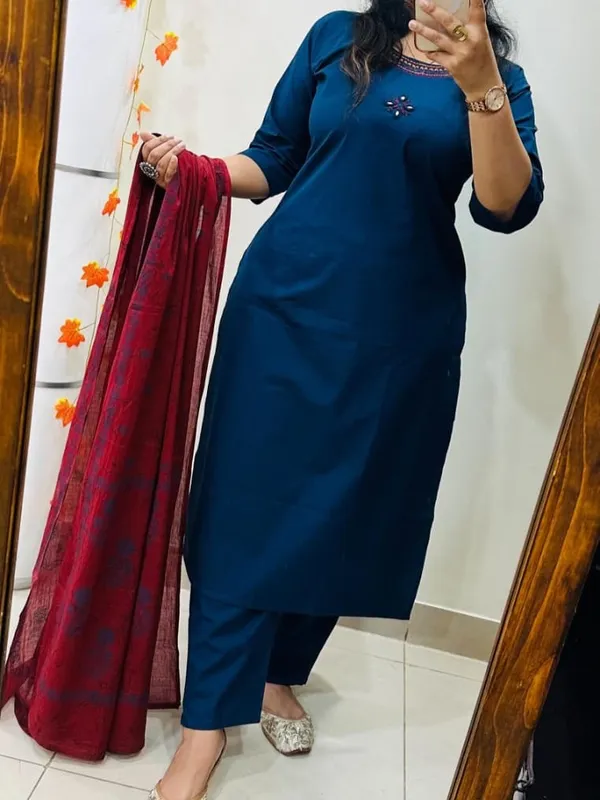 Premium_Bottle_Blue_Straight_Kurta_Pant_Set_with_Maroon_Dupatta_for_Women