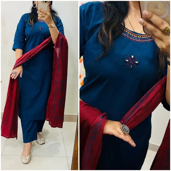 Premium_Bottle_Blue_Straight_Kurta_Pant_Set_with_Maroon_Dupatta_for_Women