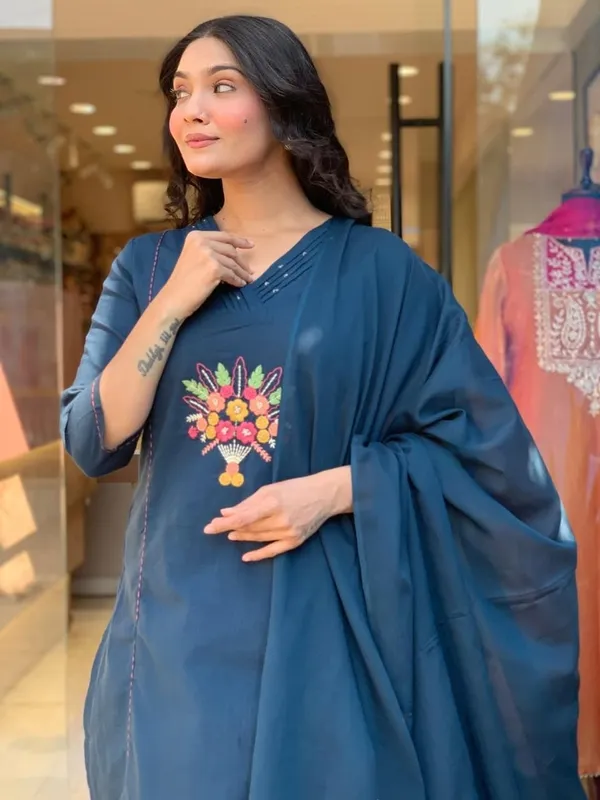 Blue_Embroidered_Cotton_Flex_Kurta_And_Pant_Set_With_Dupatta_For_Women