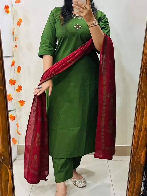 Premium_Bottle_Green_Straight_Kurta_Pant_Set_with_Maroon_Dupatta_for_Women