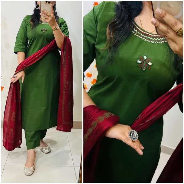 Premium_Bottle_Green_Straight_Kurta_Pant_Set_with_Maroon_Dupatta_for_Women
