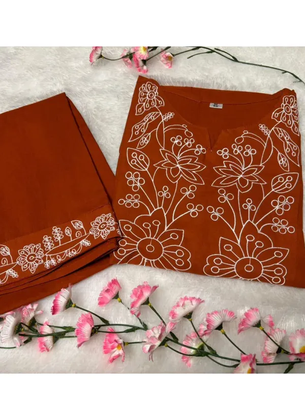 Rust_Orange_Casual_Wear_Embroidery_Work_Readymade_Cord_Set_For_Women