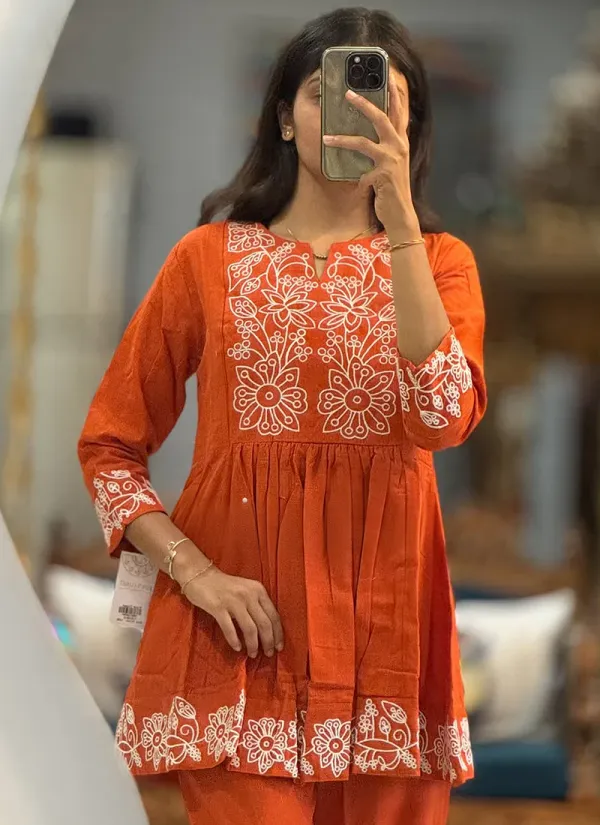 Rust_Orange_Casual_Wear_Embroidery_Work_Readymade_Cord_Set_For_Women