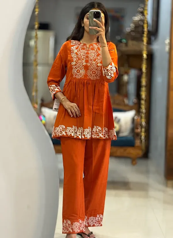 Rust_Orange_Casual_Wear_Embroidery_Work_Readymade_Cord_Set_For_Women