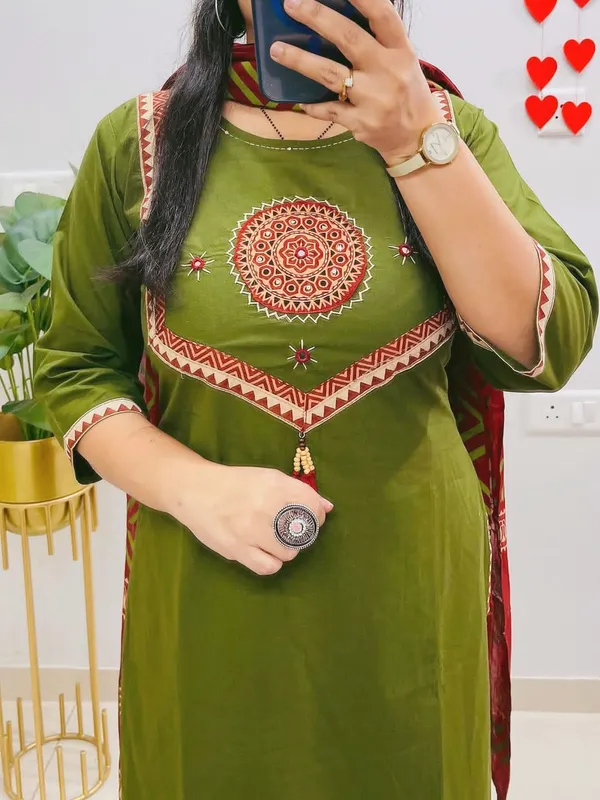 Green_Pure_Cotton_Embroidery_Green_Kurta_With_Pant_And_Dupatta_For_Women