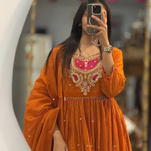Mustard_Orange_Embroidered_Anarkali_Kurta_With_Dupatta_For_Women