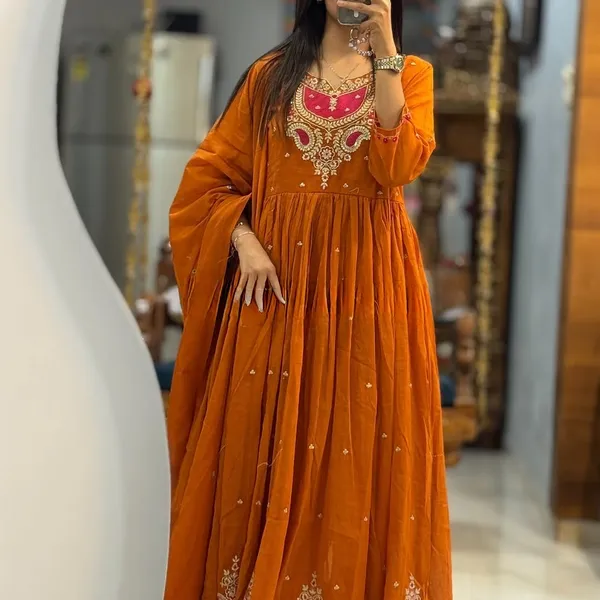 Mustard_Orange_Embroidered_Anarkali_Kurta_With_Dupatta_For_Women