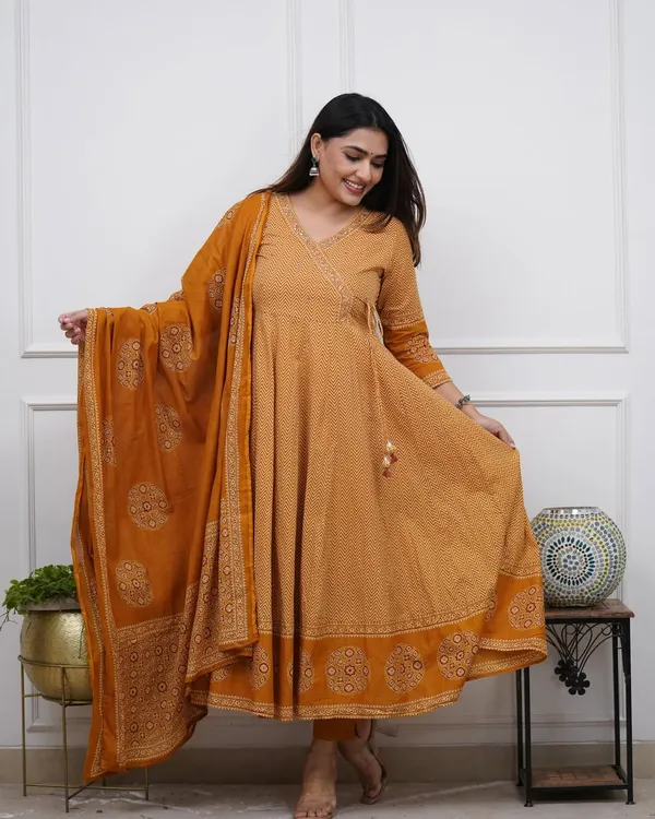 Women_Mustard_Printed_Anarkali_Kurta_Set_with_Dupatta