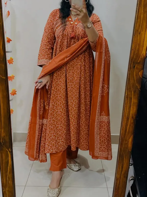 Cotton_Printed_Anarkali_With_Embroidered_Work_Kurta_Pant_Dupatta_Set_For_Women