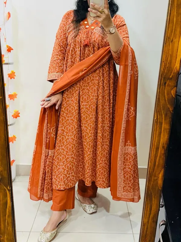 Cotton_Printed_Anarkali_With_Embroidered_Work_Kurta_Pant_Dupatta_Set_For_Women