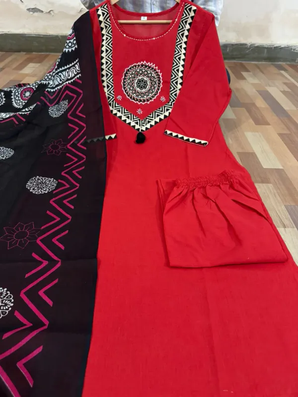 Red_Cotton_Kurti_With_Pant_&_Malmal_Dupatta_|_Fully_Stitched_Set_For_Women