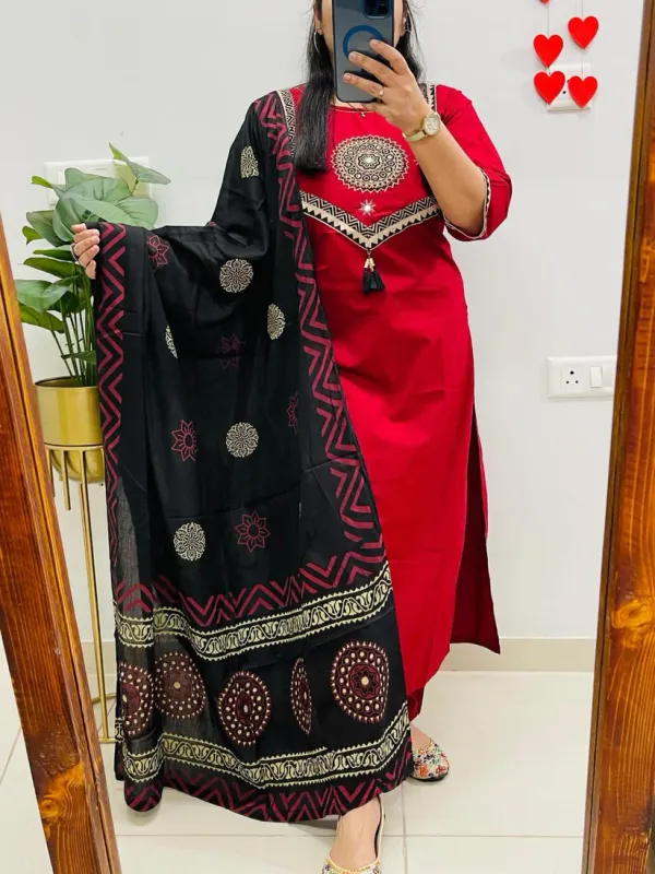 Red_Cotton_Kurti_With_Pant_&_Malmal_Dupatta_|_Fully_Stitched_Set_For_Women