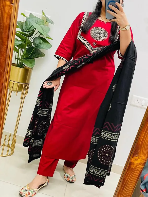 Red_Cotton_Kurti_With_Pant_&_Malmal_Dupatta_|_Fully_Stitched_Set_For_Women