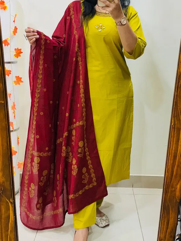Premium_Bottle_Yellow_Straight_Kurta_Pant_Set_with_Red_Dupatta_for_Women