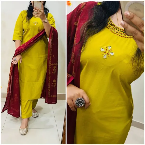 Premium_Bottle_Yellow_Straight_Kurta_Pant_Set_with_Red_Dupatta_for_Women