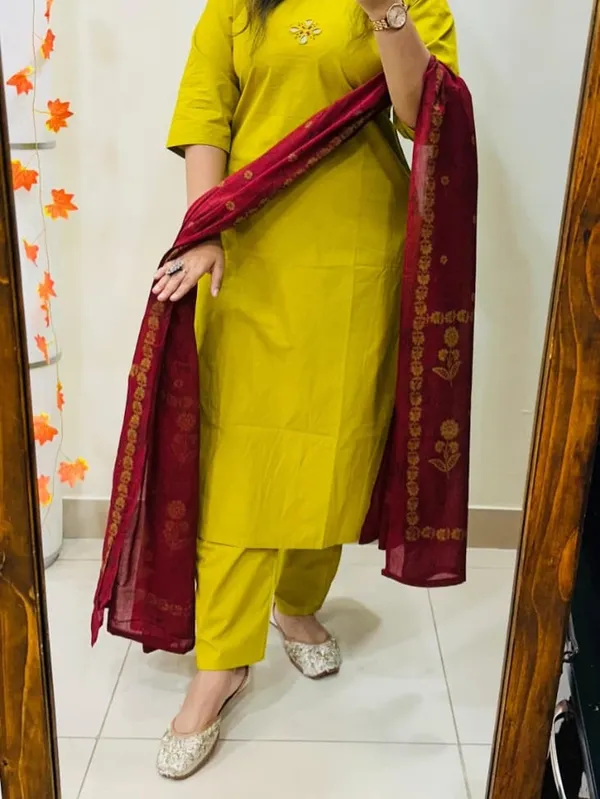 Premium_Bottle_Yellow_Straight_Kurta_Pant_Set_with_Red_Dupatta_for_Women