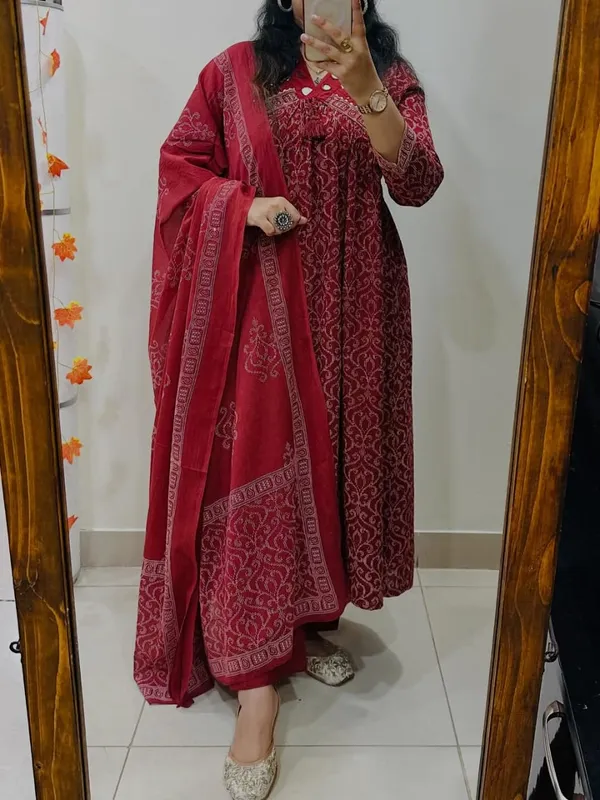 Cotton_Printed_Anarkali_With_Embroidered_Work_Kurta_Pant_Dupatta_Set_For_Women