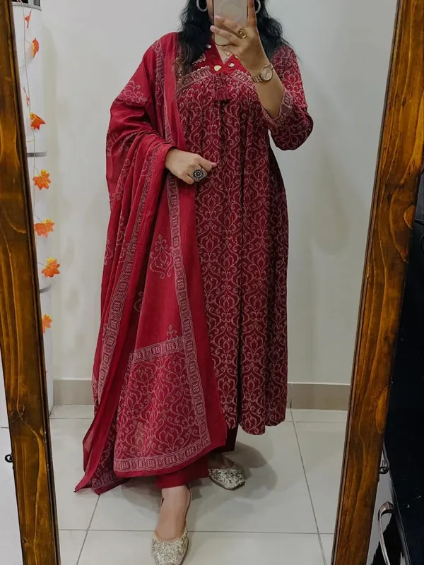 Cotton_Printed_Anarkali_With_Embroidered_Work_Kurta_Pant_Dupatta_Set_For_Women