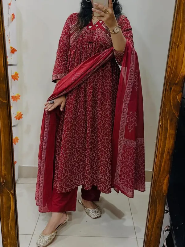 Cotton_Printed_Anarkali_With_Embroidered_Work_Kurta_Pant_Dupatta_Set_For_Women